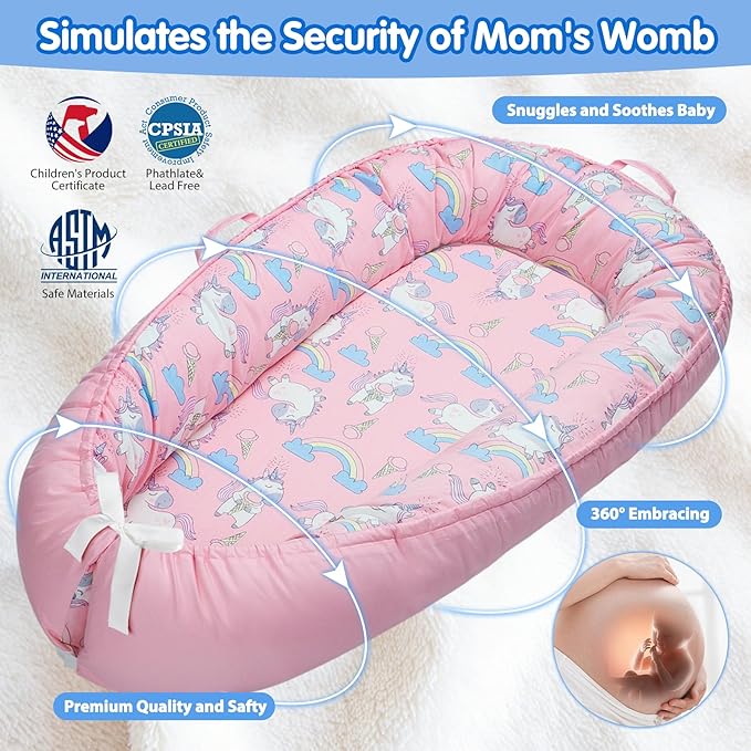 Baby Lounger - Breathable & Soft Baby Nest, Portable and Lightweight Tummy Time Lounger for Home and Travel, Ideal Newborn Babies Essentials Baby Shower Gifts