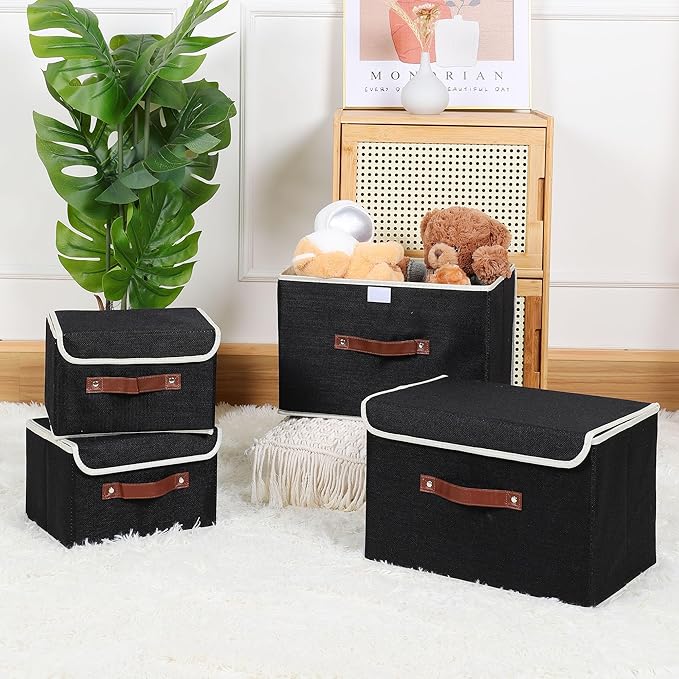 ANMINY 4PCS Storage Bins with Lid PU Leather Handles Storage Boxes PP Plastic Board Decorative Foldable Lidded Cotton Linen Fabric Home Cubes Baskets Closet Organizer Containers - Black, Small Size