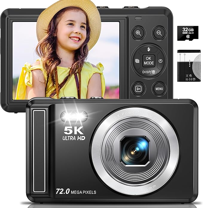 5K Digital Camera - 72MP UHD Digital Cameras for Photography - Autofocus Point and Shoot Small Camera with Flash for Kids - 2.8 Inch Screen Compact Portable Vlogging Camara with 16X Zoom, 32GB SD Card