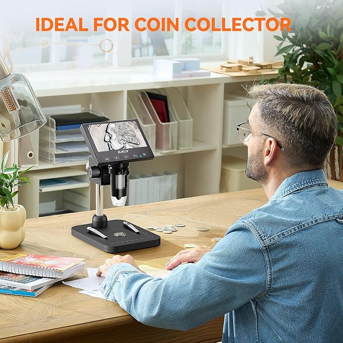 Elikliv Coin Microscope, 4.3'' LCD Digital Microscope 1000x, Coin Magnifier with 8 Adjustable LED Lights, PC View Compatible with Windows/Mac, EDM4B, Black