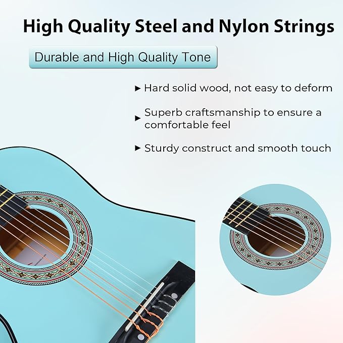 ADM Beginner Acoustic Classical Guitar 36 Inch Nylon Strings Wooden Guitar Bundle Kit for Kid Boy Girl Student Youth Guitarra Online Lessons with Gig Bag, Strap, Tuner, Strings, Picks, Socal Green