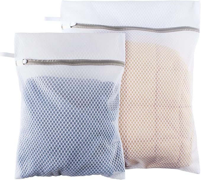 Honeycomb Lingerie Bags with Hanging Loop- 2Pack MDSXO Mesh Laundry Bags for Washing Delicates, White Wash Bags for Lingerie, Baby Clothes [1Medium+ 1Large]