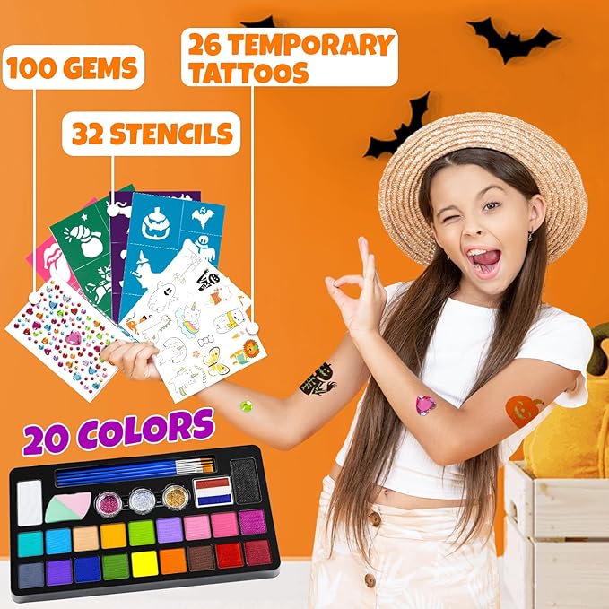 Face Painting Kit for Kids - 20 Colors Water Based Non-Toxic Paint With Stencils & Brushes - Professional Body Makeup Kit for Parties, Birthdays, Halloween