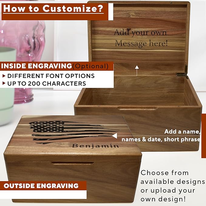 American Flag Box Personalized - Large Keepsake Boxes for Mens, Boys, 5th Wedding Gift Anniversary for Men/Women, Acacia Wood Decorative Chest Memory, Boys Treasure Box, 11.5 x 8.5 x 5.5 in