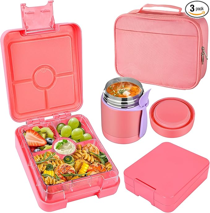 Bento Lunch Box Set With 10oz Soup Thermo, Leak-proof Lunch Containers with 4 Compartment, Kids Hot Thermo Food Jar/Insulation Lunch Bag, Food Containers for School（Solid）