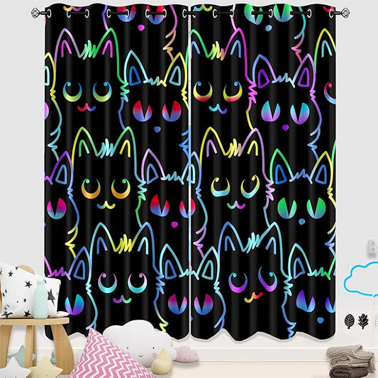 Cat Blackout Curtains for Girls - 2Pcs Cute Cartoon Cat Patterns Curtain Panels for Girls Bedroom Lovely Cats Drapes Darkening Window Curtain for Living Room Bedroom, 82" x 84"
