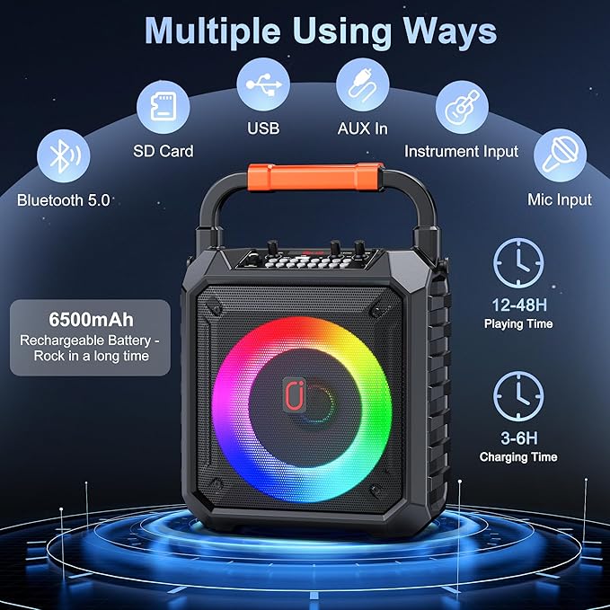 JYX Karaoke Machine with Two Wireless Microphones, Portable Speaker with LED Lights for Kids and Adults, Supports Bluetooth/USB/TF/AUX for Party