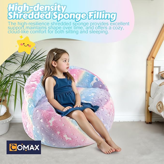 COMAX Bean Bag Chair for Kids, Convertible Toddler Beanbag Bed Unicorn, Children Bean Chair Stuffed to Floor Mattress with Filler, Growing Colorful Rainbow