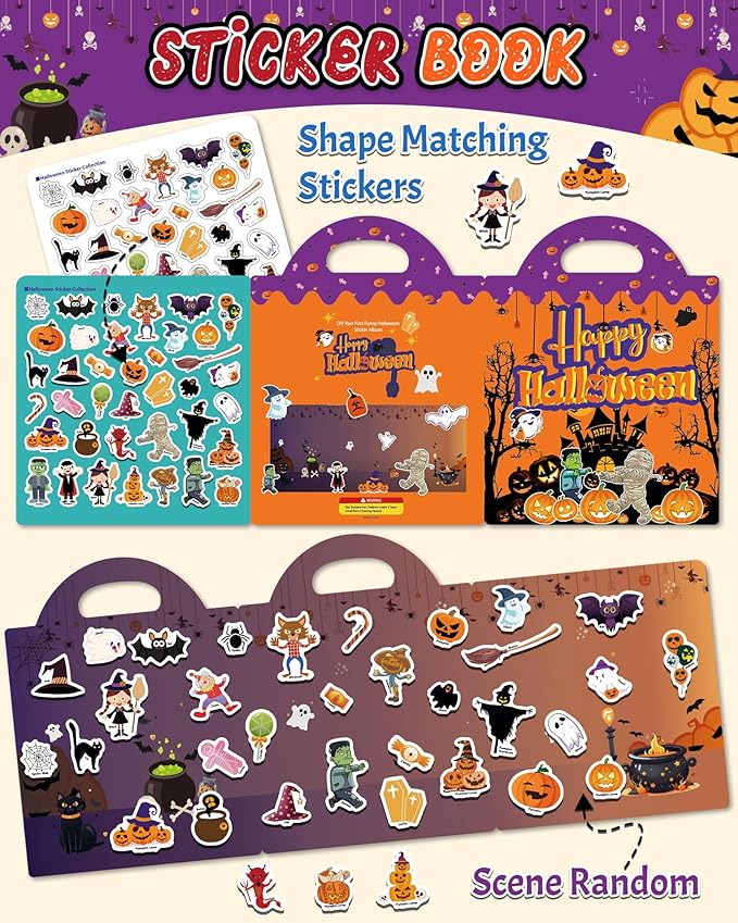 Benresive Reusable Sticker Book for Toddlers 2-4 Years, Fun Travel Stickers for Kids, Waterproof Sticker Books for Toddlers 1-3, Crafts Activities for Todddlers 1-3 2-4 3-5 - Halloween