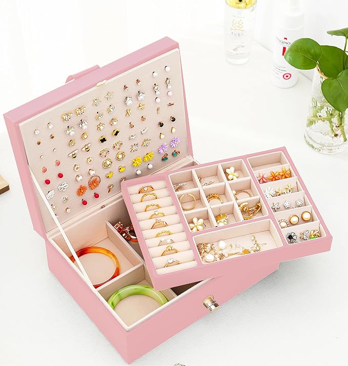 Girls Jewelry Box Earring Holder Organizer for Girls Earring Organizer Teen Jewelry Box Organizer for Girls Pink jewelry Boxes for Earrings Necklaces Rings Stud Earrings Box Organizers Teens