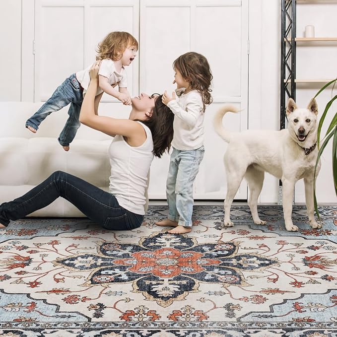 9x12 Area Rug Living Room Rugs, Stain Resistant Washable Rug, Vintage Large Non-Slip Backing, Low Pile Lightweight Print Rug for Bedroom Dinning Room Home Office (Blue/Gray)