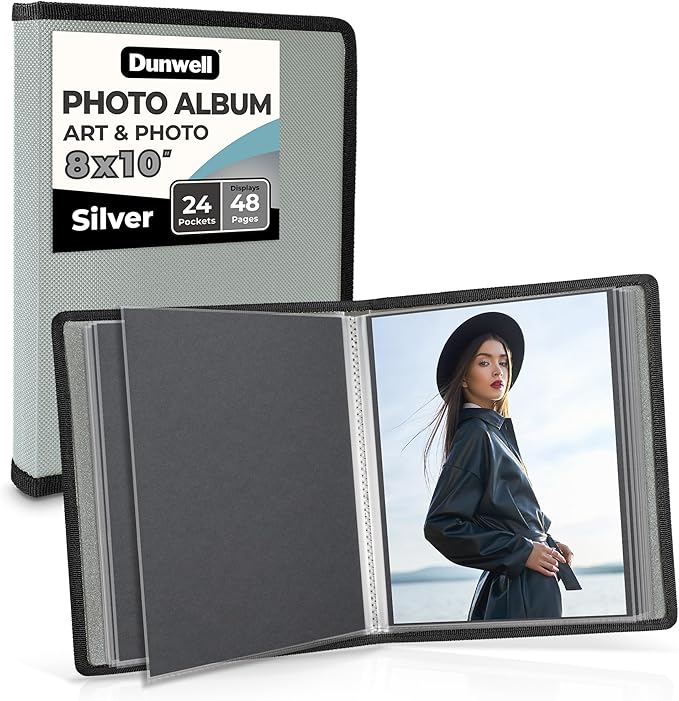 Dunwell Photo Album 8x10 (Silver) with Black Mounting Paper, 8 x 10 Photo & Art Portfolio Presentation Book, 24 Sleeves, Displays 48 Pages, Professional Photography Book for Pictures, Artwork