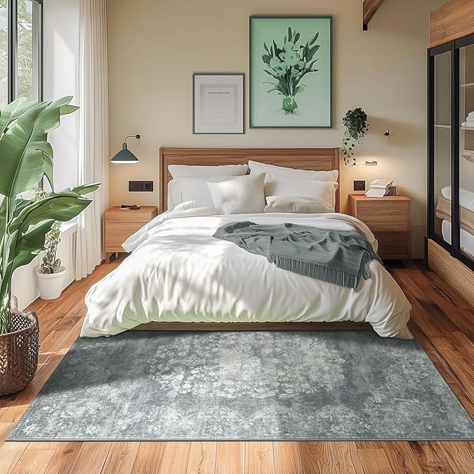 jinchan Washable Area Rug 8x10 for Living Room - Soft Faux Wool Ultra-Thin Stain Resistant Non-Slip Distressed Vintage Floral Large Carpet for Bedroom,Dining Room,Home Office,Nursery(Grey, 8'x10')