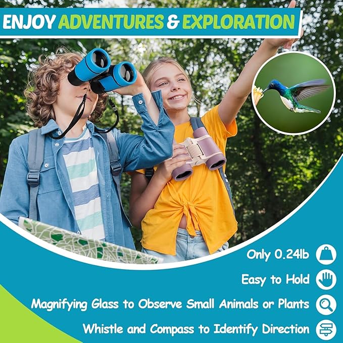 Binoculars for Kids, Kids Binoculars Toys for 3 4 5 6 7 8 Years Boys and Girls, Set with Magnifying Glass & Compass - Birthday Gifts Outdoor Toy for Kid Ages 3-8 Toddler Camping (Blue)