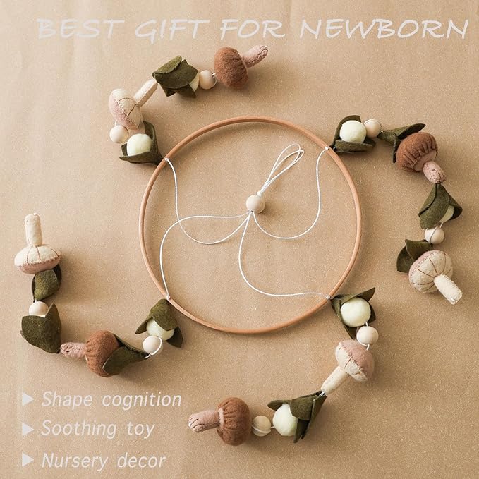 Baby Mobile for Crib,Crib Mobile for Boys Girls, Soft Crib Toys Hanging，Baby Mobile for Bassinet，Boho Nursery Decor Neutral（Mushroom，Leaves,Cotton）