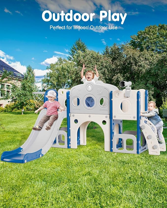 Babytronic Toddler Slide Set, 8 in 1 Kids Slide, Indoor Outdoor Slide for Toddlers Age 1-3, Toddler Playset with Basketball Hoop and Tunnel, Toddler Indoor Outdoor Playground, Blue&Grey