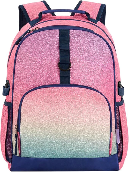 Choco Mocha Glitter Backpack for Girls, Elementary School Backpack for Girls Ages 6-8 Kids Kindergarten Backpack Bookbag 17 Inch with Chest Strap,