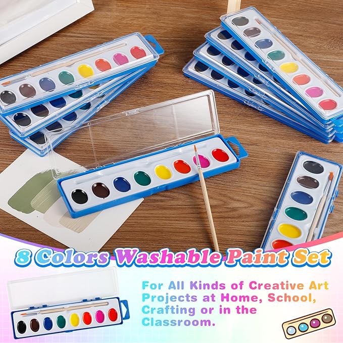 8 Colors Watercolor Paint Set for Kids,24 Pack Water Color Paints with Paint Brushes, Washable Paint for Classroom Art Activities Birthday Party Favors