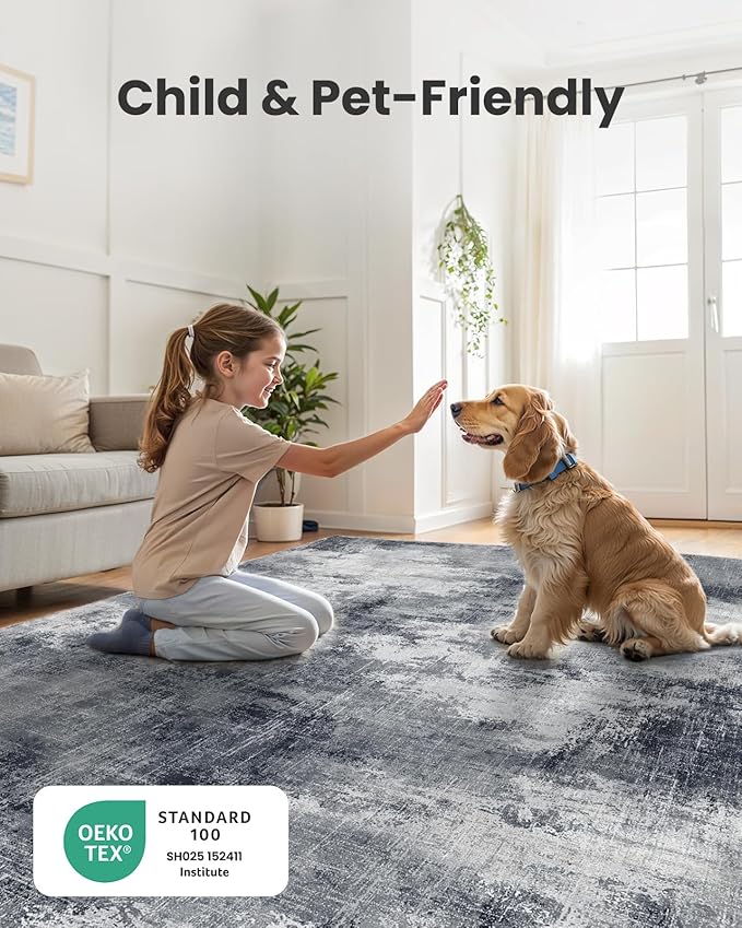 Amada 8x10 Area Rug, Modern Abstract Living Room Rug with Non-Slip Backing & Short Pile, Large Washable Rug with Abstract Pattern for Living Room, Bedroom and Dinning Room, Grey