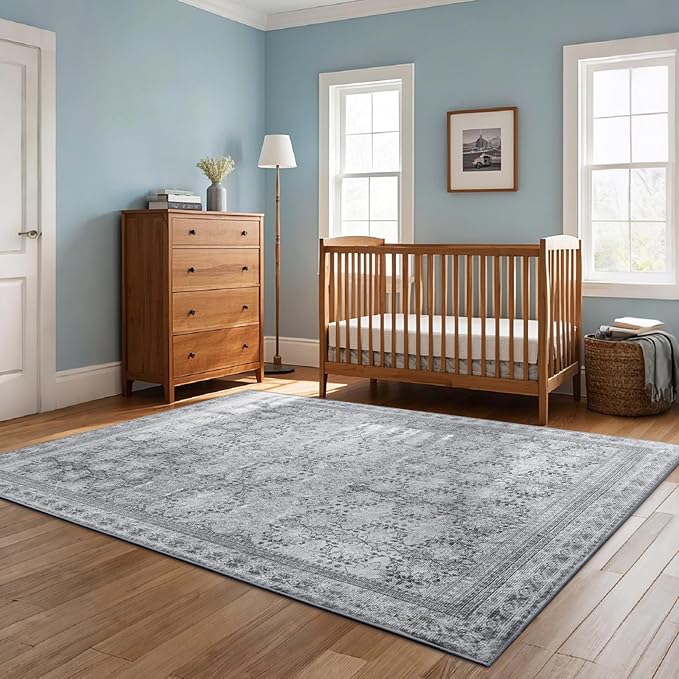 6x9 Washable Area Rug Non Slip, Faded Grey Living Room Rugs Low Pile, Thin Vintage Floral Carpets, Indoor Large Distressed Print Carpet for Bedroom Dining Room Farmhouse Home Office College Dorm