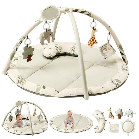 Fortella Baby Play Gym & Activity Mat, Tummy Time Mat w 5 Detachable Toys and Pillow, Large Sensory Playmat for Floor, Newborn Infant Baby Essentials Shower Gift 0-3-6-9-12 Months (Sage Green)