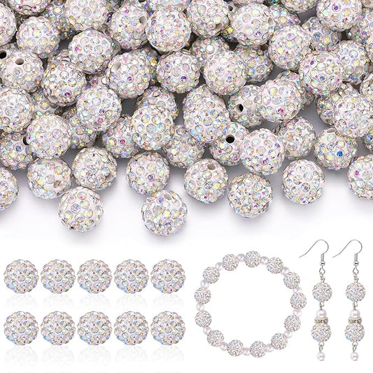 160pcs 10mm Rhinestone Beads for Jewelry Making, Crystal AB Shiny Round Disco Ball Beads Bulk, Sparkle Crystal Clay Christmas for Bracelet Baseball Necklace Earring Crafting and DIY