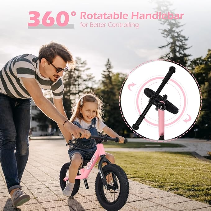 12" Balance Bike for 2, 3, 4, 5 Year Old Boys and Girls, Lightweight Nylon Frame Toddler Training Bike No Pedal Bikes for Kids with Adjustable Seat and Air Tires