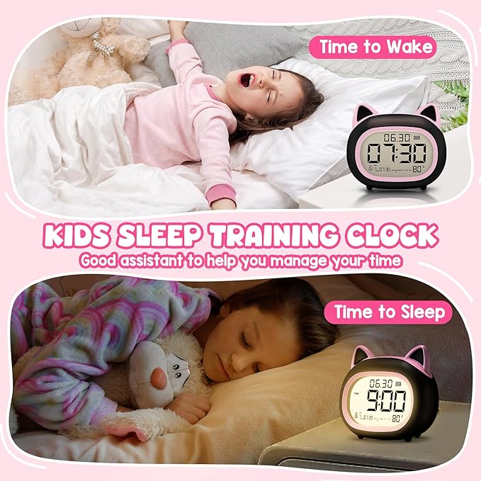 Kids Alarm Clock with Night Light for Kids, Small Digital Alarm Clocks for Bedrooms, Routine Builder, Cute Cat Alarm Clock with Sleep Training, Snooze, 12/24H, Date & Day, Temperature, USB Port