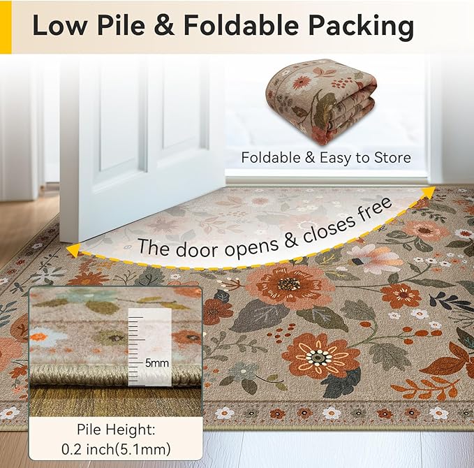 Floral 5x7 Area Rug Machine Washable Soft Print Boho Carpet Non Slip Doormat Low Pile Flower Area Rugs for Living Room Bedroom Nursery Kitchen Dining Room Indoor-Brown/Brick