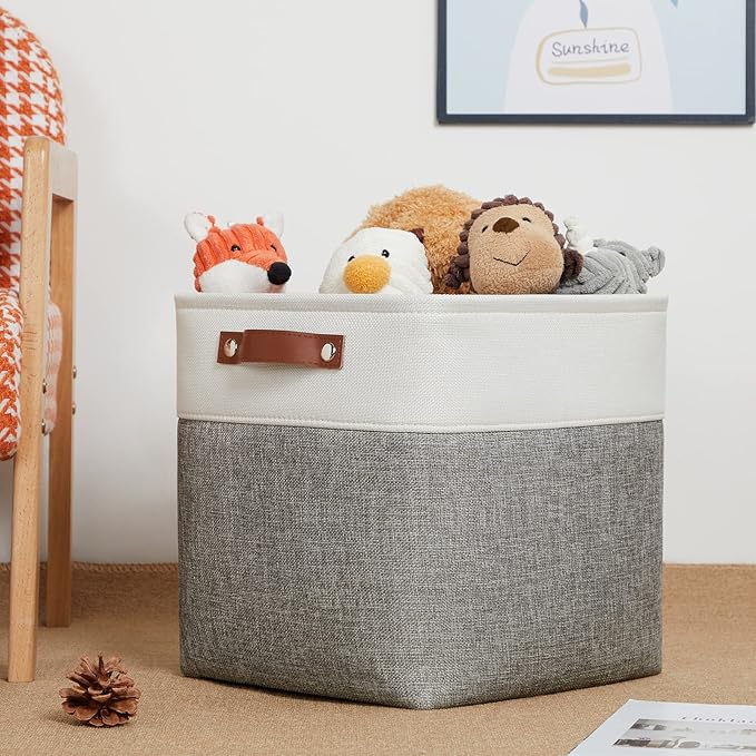 DULLEMELO [Set of 4 Storage Cubes Baskets for Organizing, 12 x 12 x 12 inch Cube Storage Organizer Bins with Leather Handles, Foldable Fabric Cloth Bins for Cube Storage(4 Pack - 12" White&Grey)