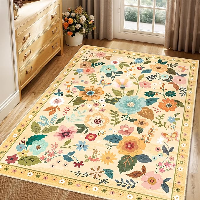 Floral 4x6 Area Rug Machine Washable Soft Print Boho Carpet Non Slip Doormat Low Pile Flower Area Rugs for Living Room Bedroom Nursery Kitchen Dining Room Indoor-Ivory/Yellow