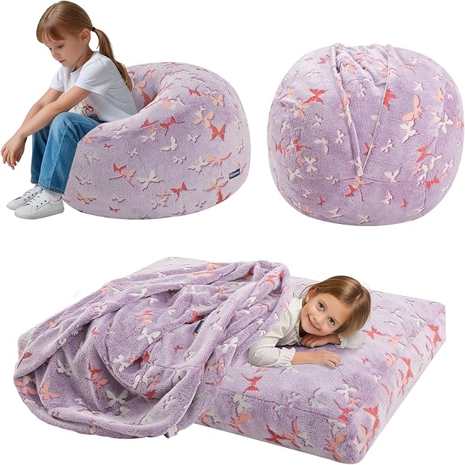 COMAX Kids Bean Bag Chair Turn into Beanbag Bed, Toddler Bean Chair for Girl Boy Sleeping, Lazy Children Bean Bags with Filler, Convertible Child Floor Mattress, Purple Butterfly