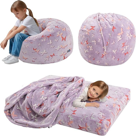 COMAX Kids Bean Bag Chair Turn into Beanbag Bed, Toddler Bean Chair for Girl Boy Sleeping, Lazy Children Bean Bags with Filler, Convertible Child Floor Mattress, Purple Butterfly