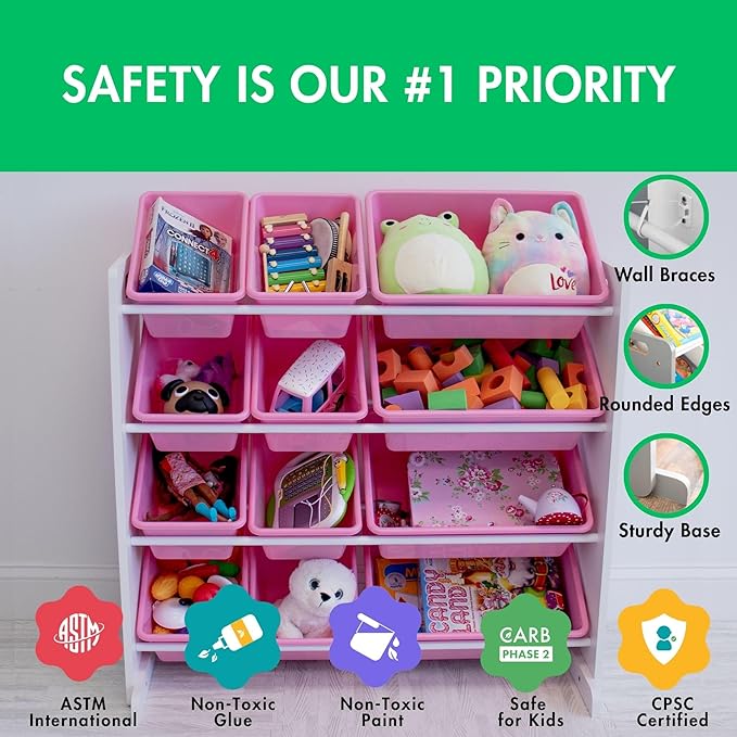 Humble Crew Kids Toy Storage Organizer with 12 Plastic Bins, White/Pink – Removable Bins for Playroom, Bedroom, Toddler Furniture for Boys and Girls Ages