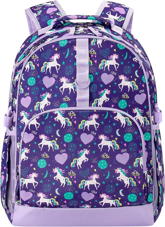 Choco Mocha Unicorn Backpack for Girls, Elementary School Backpack for Girls Ages 6-8 Kids Kindergarten Backpack Large Bookbag 18 Inch with Chest Strap, Purple