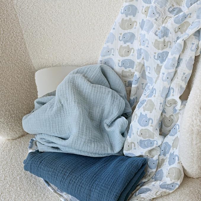 GLLQUEN BABY Muslin Swaddle Blankets,3-Pack Receiving Blanket for Newborn Boys and Girls,Baby Swaddle Blanket Unisex, Elephant,Baby Essentials, Registry & Gift, 40 x 38 inches