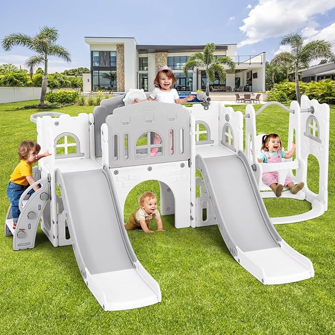 JOYLDIAS 10 in 1 Toddler Slide, Double Kid Climber Slide Playset w/Swing, Basketball Hoop, Telescope, Tunnel, Storage Space and Non-Slip Steps, Indoor Outdoor Backyard Playground Toy for Toddlers
