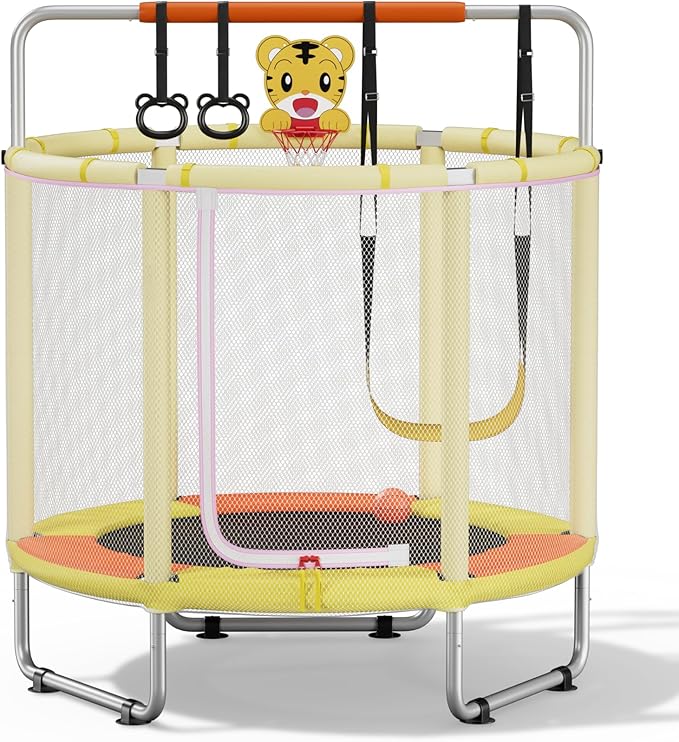 55” Trampoline for Kids, Powder-Coated Mini Trampoline for Toddlers, Indoor Outdoor Toys with Adjustable Gymnastics Bar, Swing, Basketball Hoop, Birthday Gifts for Boys & Girls Ages 1-8