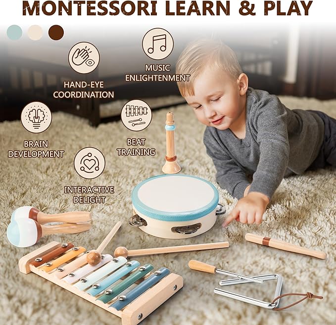 Baby Musical Instruments | Montessori Wooden Toys for Toddlers, Neutral Color Percussion Instruments Set with Modern Boho Xylophone Tambourine, Educational Musical Toys for Boys Girls 3+