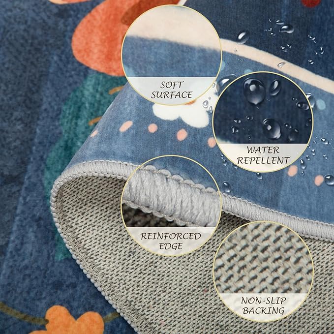 Floral 3x5 Area Rug Machine Washable Soft Print Boho Carpet Non Slip Doormat Low Pile Flower Area Rugs for Living Room Bedroom Nursery Kitchen Dining Room Indoor-Blue/Grey