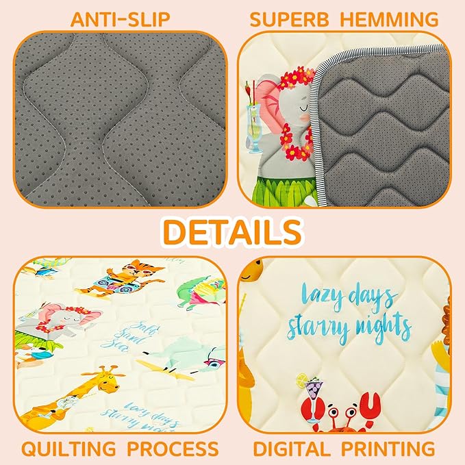Baby Play Mat - Thicken 50x50 Inch Soft Foam Crawling Mat for Playpen & Floor, Non-Slip Waterproof Playmats for Infants & Toddlers, Portable Foldable & Machine Washable, Beach Animals