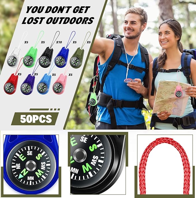 Compass for Kids Hiking and Survival Small Mini Pocket Compasses Keychain Lanyard Boy Scout Party Favor Toy Set, Bulk