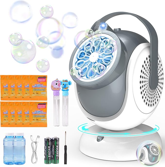 Big Bubble Machine - Automatic Bubbles Blower for Kids, Toddlers - 360° Oscillation & 75° Adjustment, Bubble Toys with LED Light - Gifts for Boys, Girls, Easter, Outdoor, Birthday, Party Use