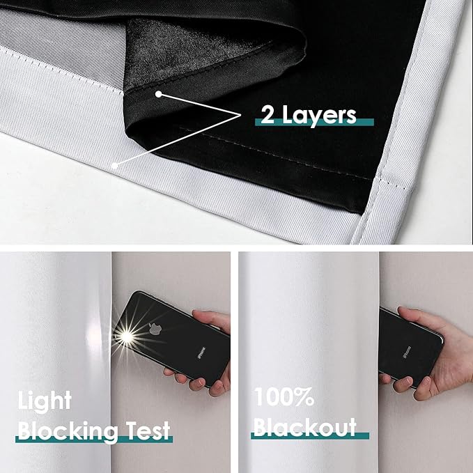 ChrisDowa 100% Blackout Curtains 120 inch Long for Bedroom with Black Liner, 2 Thick Layers Total Blackout Thermal Insulated Grommet Long Window Curtains 2 Panels Set (Greyish White, 52 x 120 Inch)