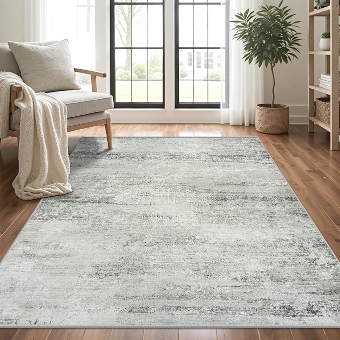 5x7 Area Rugs for Lliving Room Bedroom, Abstract Washable Rugs with Non-Slip Backing, Stain Resistant Thin Carpet for Dorm Dining Room Table Nursery Indoor Home Office-Gray