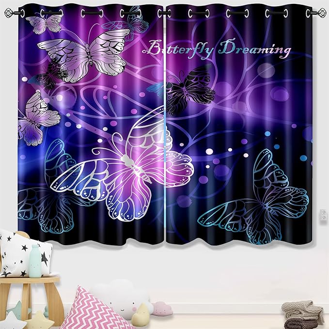 Butterfly Blackout Curtain for Girls Bedroom 2Pcs, Purple Window Curtain Panels Drapes Set Curtains 63 inch Length for Kids Bedroom Nursery Room Grommet Top Thermal Insulated Curtains, 82" x 63"