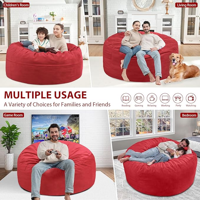 4FT Bean Bag Chair, Large Bean Bag Chairs with Memory Foam Filled, Fluffy Beanbag Sofa with Dutch Velvet Cover, Round BeanBag Chairs for Living Room, Playroom - Red