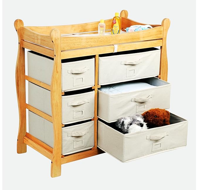 Badger Basket Sleigh Style Baby Changing Table - Diaper Station with 6 Removable Storage Baskets, Safety Rails, Pad, and Belt - Nursery Organizer - Natural/Ecru
