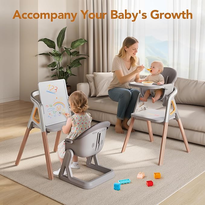 CoziBB Baby High Chair, 6 in 1 Convertible Growing Baby Highchairs for Babies and Toddlers, Baby Chair with Adjustable Dining Tray and Seat, 5-Point Safety Belt, Grey