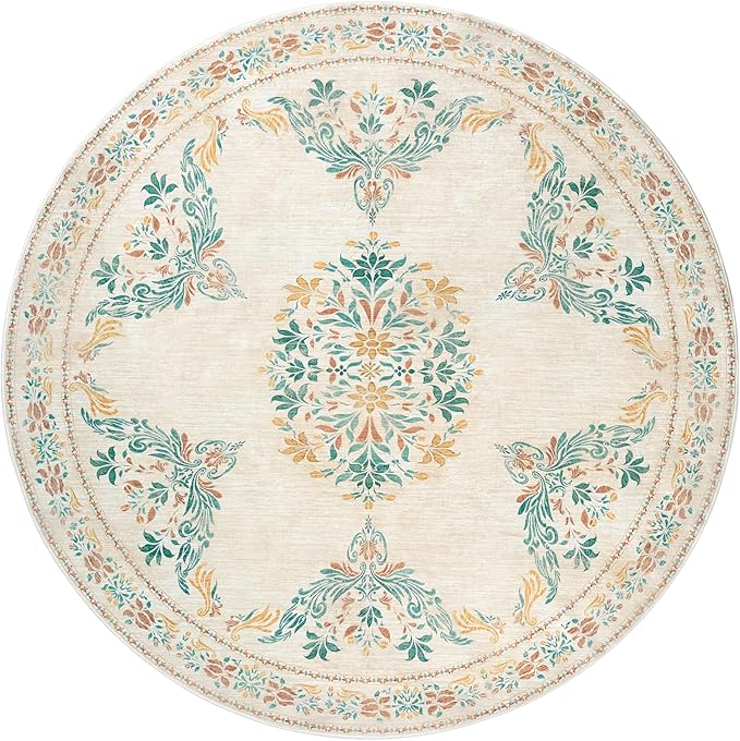 jinchan Round Rug 5ft Area Rugs Vintage Floral Distressed Design,Machine Washable Soft Non-Slip Low-Pile Ultra-Thin Circle Rug for Entryway Living Room Dining Room Bedroom (5' Round,Apricot Multi)
